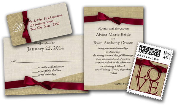 Cranberry Ribbon And Burlap Wedding Invitations - Wedding Card Cranberry Red (600x355), Png Download