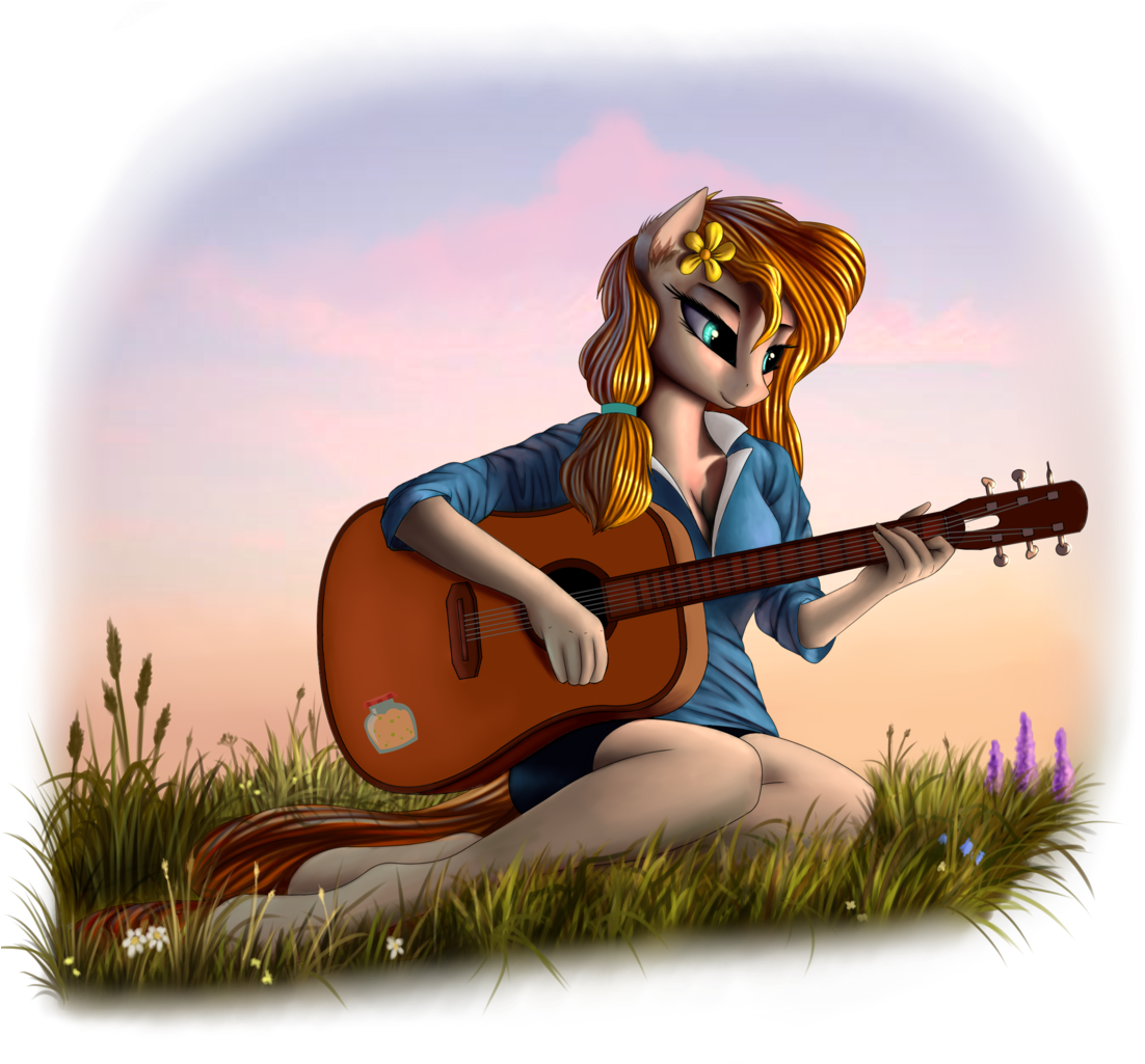 Pony-way, Female, Flower, Flower In Hair, Grass, Guitar, - My Little Pony: Friendship Is Magic (1116x1024), Png Download