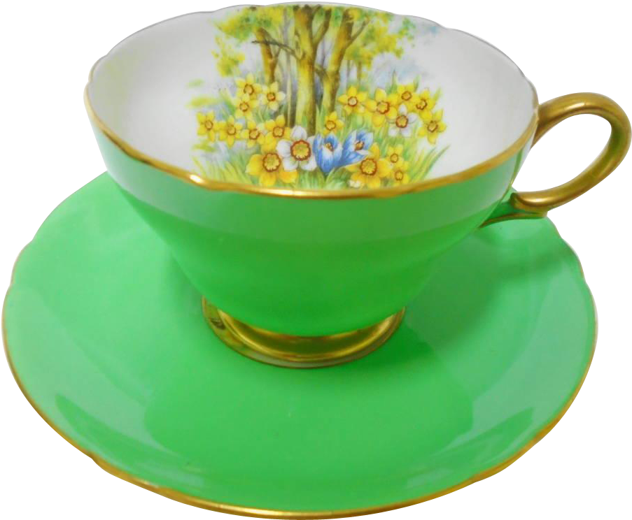 Shelley Henley Daffodil Time Green Tea Cup And Saucer, - Teacup (902x902), Png Download