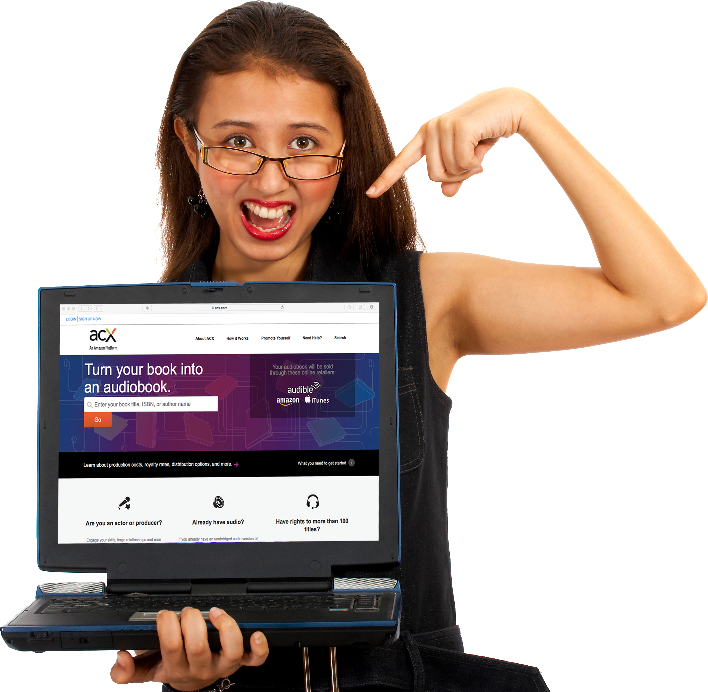 Girl Holding Laptop With Acx On The Screen - Girl Showing Laptop (2445x2391), Png Download