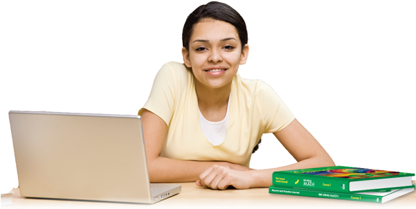 Girl With Laptop And Big Ideas Math Green 2014 Edition - Girl With Laptop And Book (600x309), Png Download