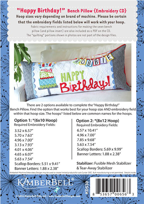 Kimberbell Designs Happy Birthday Bench Pillow Embroidery - Poster (650x650), Png Download