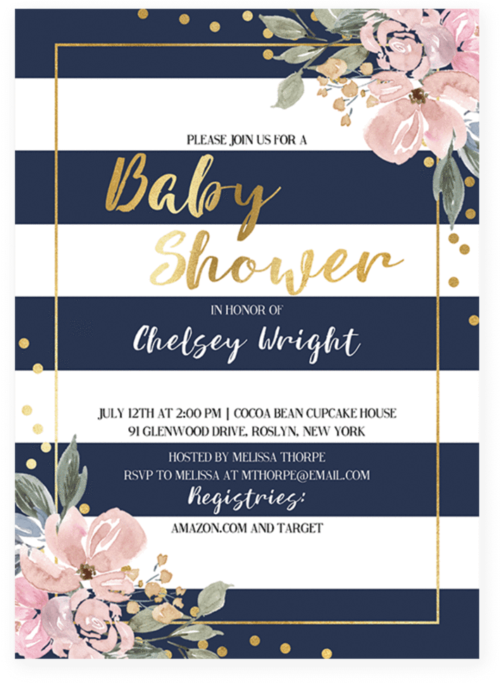 Pink, Gold And Navy Baby Shower Invitation With Florals, - Navy Blue Pink And Gold (819x1024), Png Download