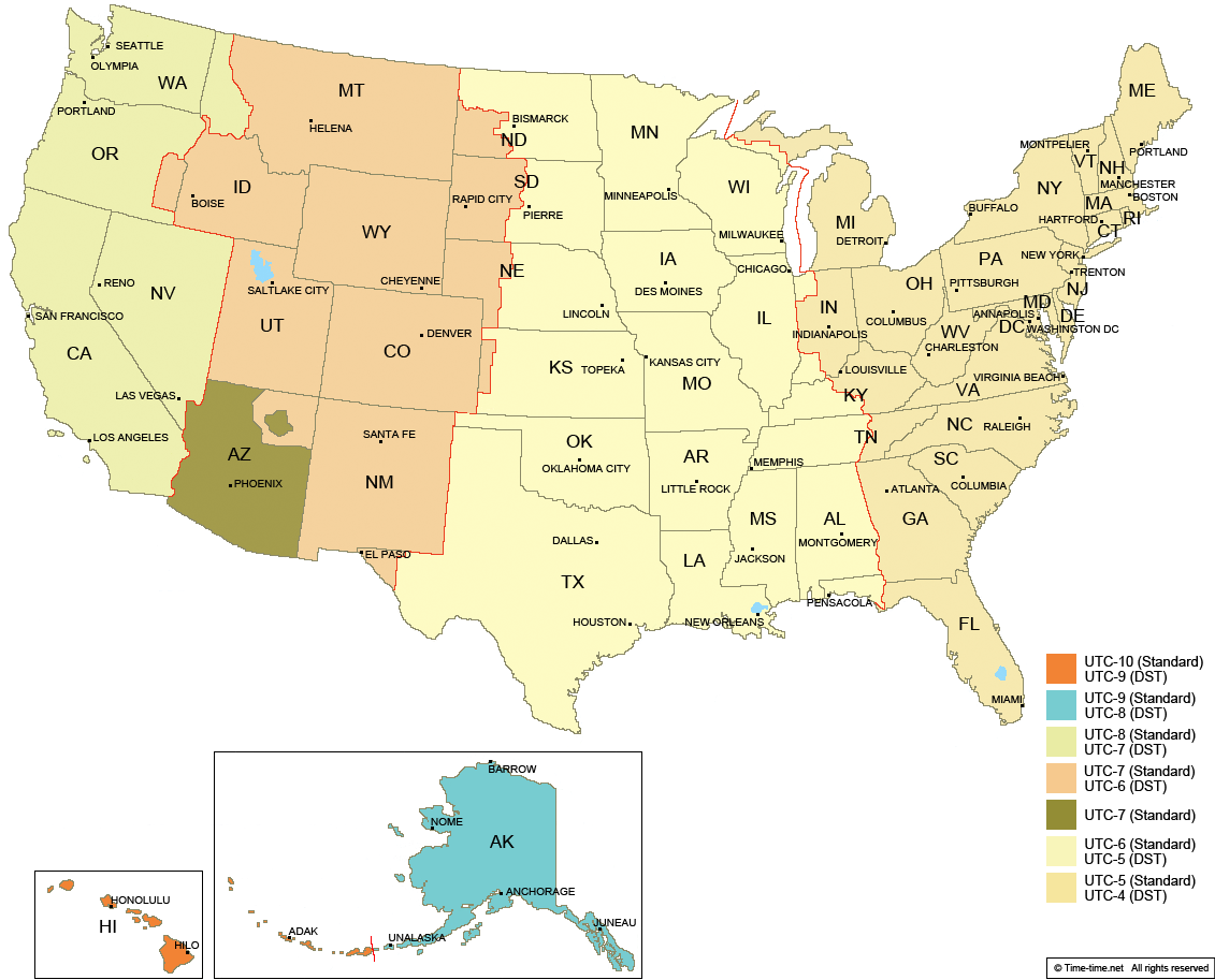 Download Pdt - Us Map With States And Cities With Time Zones - HD ...
