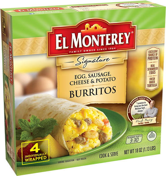 Egg, Pork Sausage, Cheese & Potato Frozen Burritos - El Monterey Breakfast Wraps (600x630), Png Download