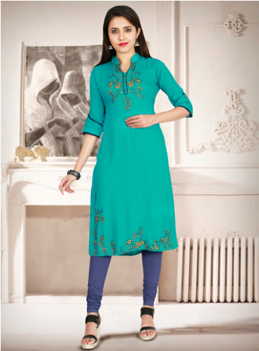 Indijoy Women's Rayon Straight Kurti With Embroidery-turquoise - Embroidery (500x500), Png Download