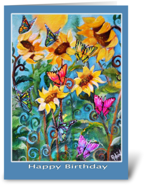 Birthday, Sunflowers And Butterflies Greeting Card - Canvas Print (350x396), Png Download