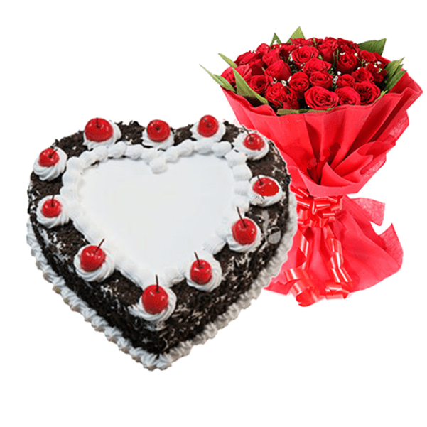 Combo- Heart Bf Cake And 10 Roses - Black Forest Cake Big (600x750), Png Download