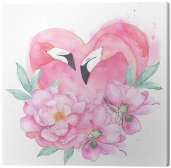 Watercolor Pink Flamingo Couple With Bouquet Peony - Canvas (400x400), Png Download
