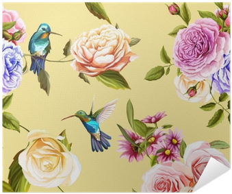 Humming Bird, Roses With Leaves On Yellow - Carta Da Parati Colibrì (400x400), Png Download