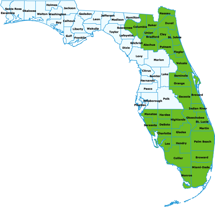 Florida Counties And Territories - Florida Power And Light Map (700x694), Png Download