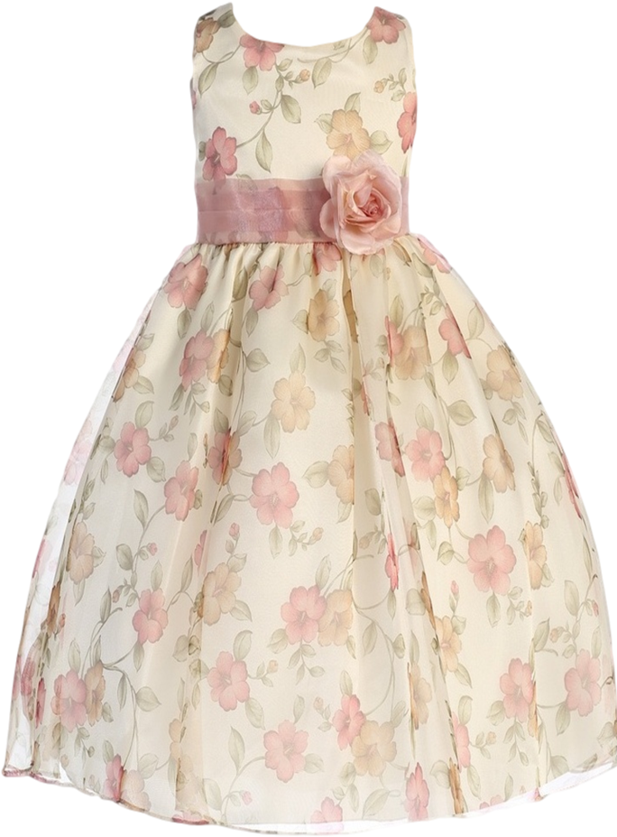 Vintage Rose Pink Floral Print Organza Overlay Girls - Dress (400x600), Png Download