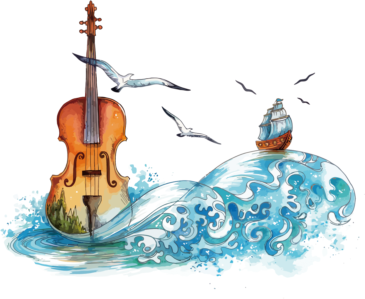 Violin Watercolor Painting - Watercolor Painting Violin (1500x1060), Png Download