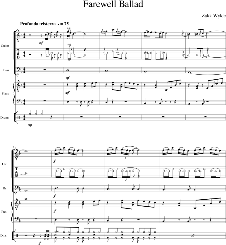 Farewell Ballad Sheet Music Composed By Zakk Wylde - Music (850x1100), Png Download