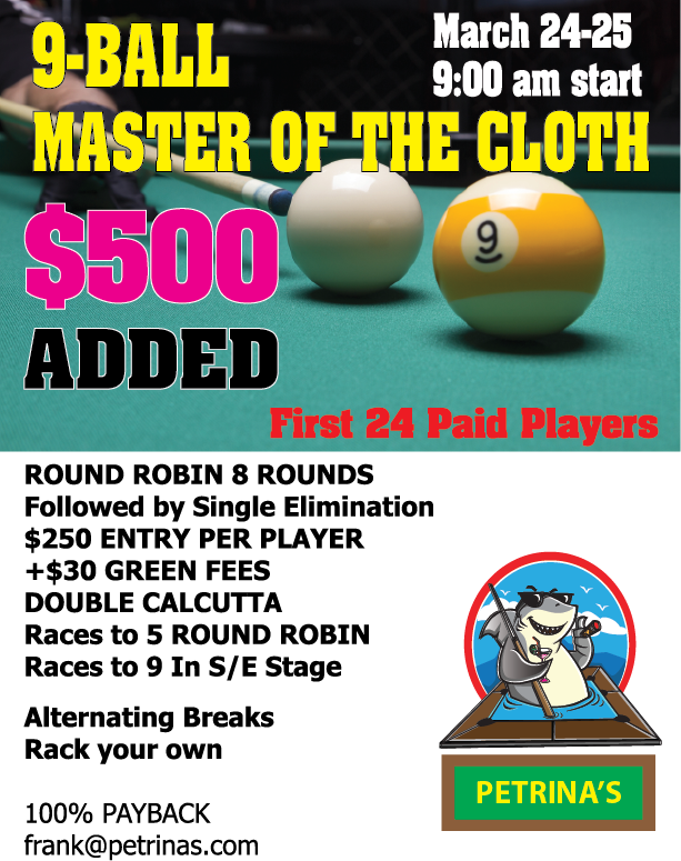 Master Of The Cloth 9 Ball March 24 - Pool Tournament (613x775), Png Download