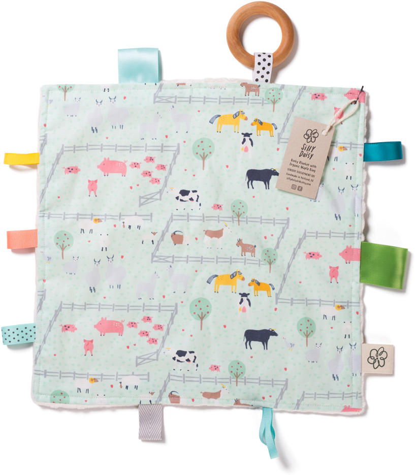 Binky Blanket With Organic Maple Ring - Green Fabric With Cow Horse Farm Animal (1200x1200), Png Download