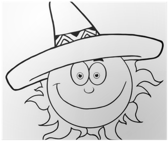 Outlined Smiling Sun With Sombrero Hat Poster • Pixers® - Sun Wearing A Sombrero (400x400), Png Download