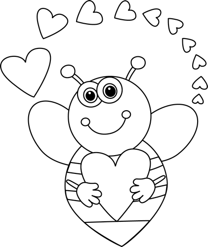 Black And White Cartoon Bee With Valentine's Day Hearts - Valentine's Day Clip Art Black And White (421x500), Png Download
