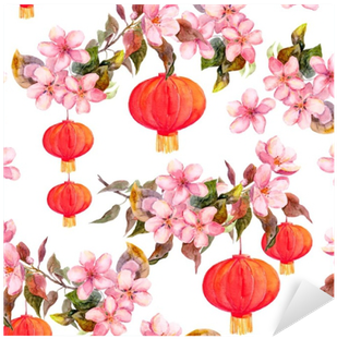Traditional Red Chinese Lantern In Spring Pink Flowers - Ubrousky 3-vrstvé, 33 X 33 Cm S Motivem [20 Ks] (400x400), Png Download