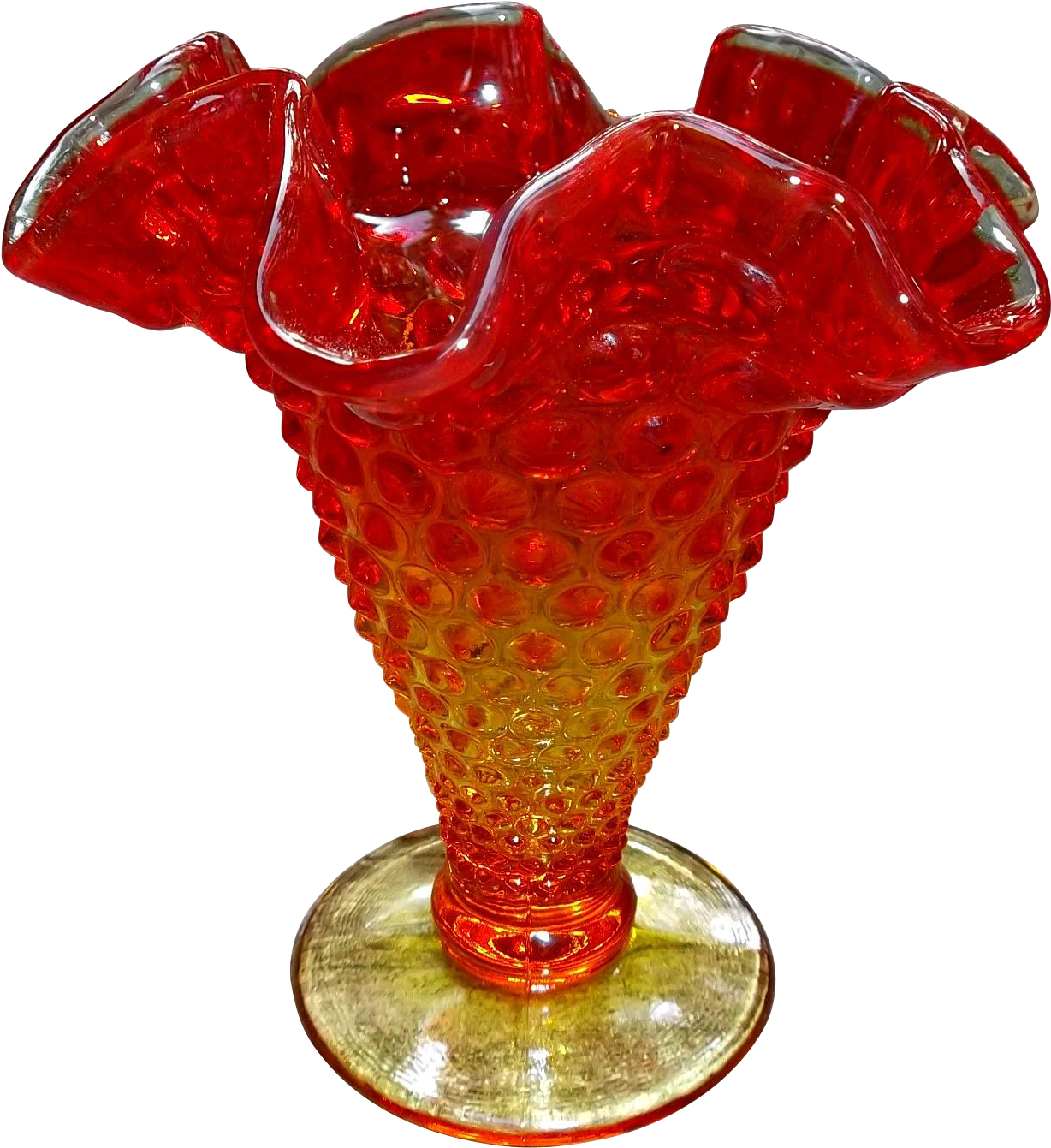 Small Vintage Glass Amberina Hobnail Vase Crimped Edge - Vase (1340x1340), Png Download