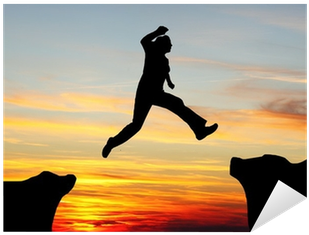 Silhouette Of Hiking Man Jumping Over The Mountains - Person Jumping On Mountain (400x400), Png Download