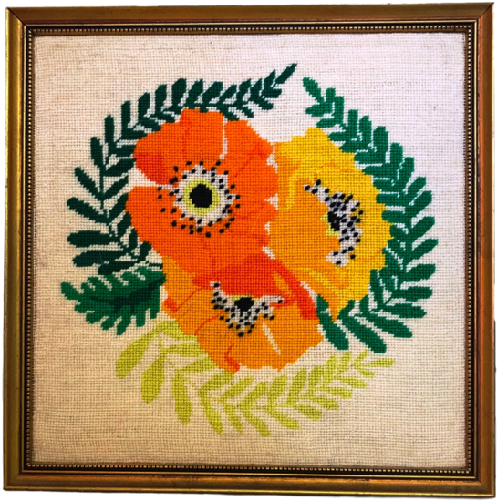 Framed Vintage Gold Frame Poppy Flower & Garland Needlepoint - Needlepoint Art (595x600), Png Download
