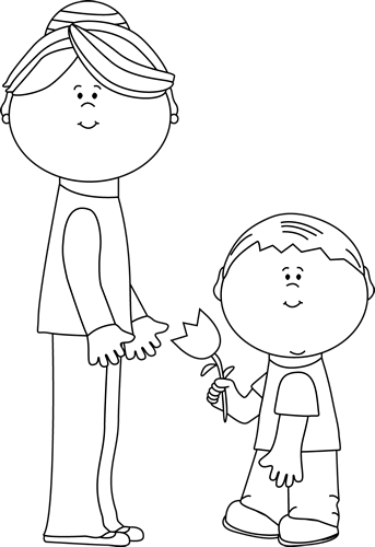 Black And White Boy With Flower For Mom - Clip Art Mom Black And White (343x500), Png Download