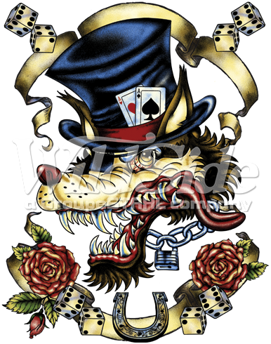 Gambling Wolf Tattoo - 1155 Tattoo Pattern T-shirt Old School Design Flash (386x490), Png Download