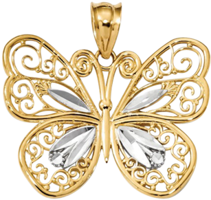 14k Yellow Gold W/white Rhodium Polished Filigree Butterfly (400x400), Png Download