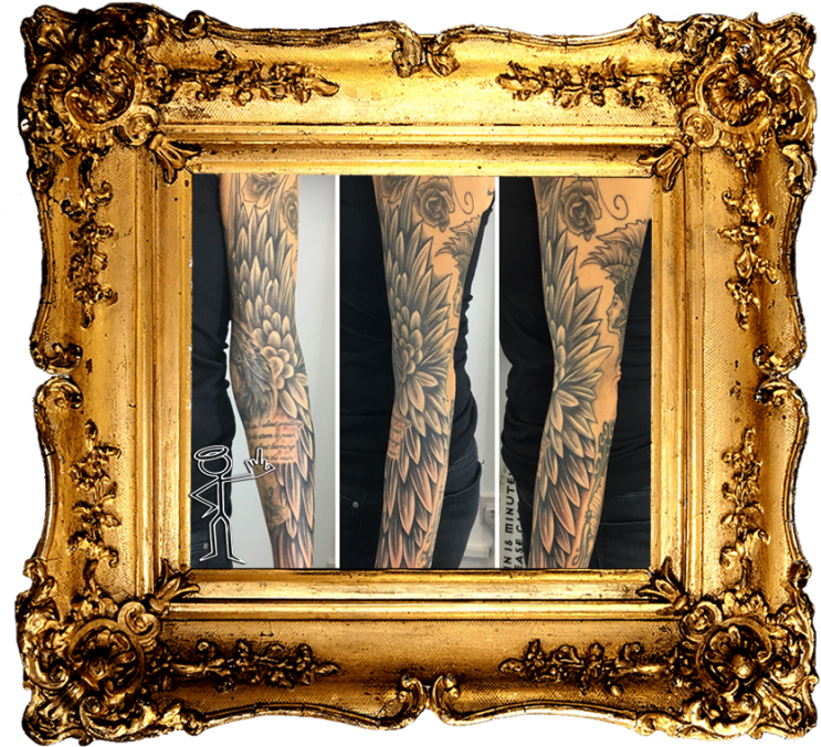 Angel Wing Freehand Tattoo - Gold Art Frame (1080x675), Png Download