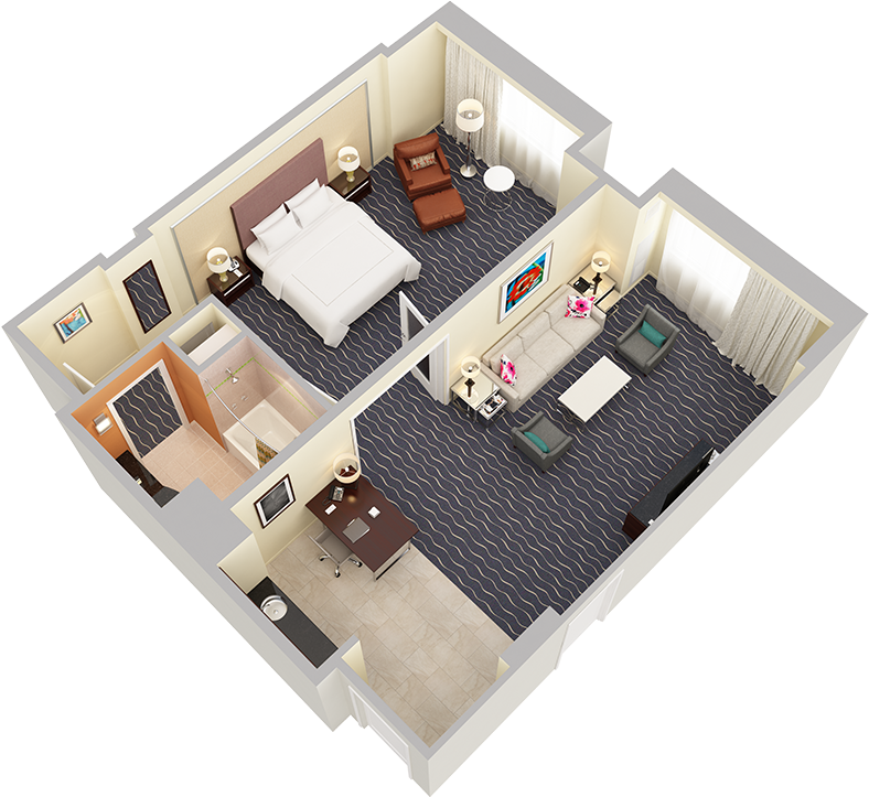 One Bedroom Suite - Hilton Hotel Room 3d Plan (1024x768), Png Download