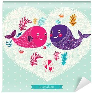 Vector Wedding Invitation With Cute Fishes Wall Mural - Wedding Invitation (400x400), Png Download