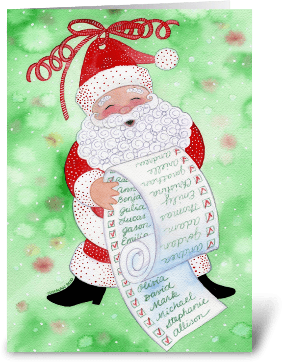Santa & His List Christmas Card Greeting Card - Ornament Santa With List Card (700x792), Png Download