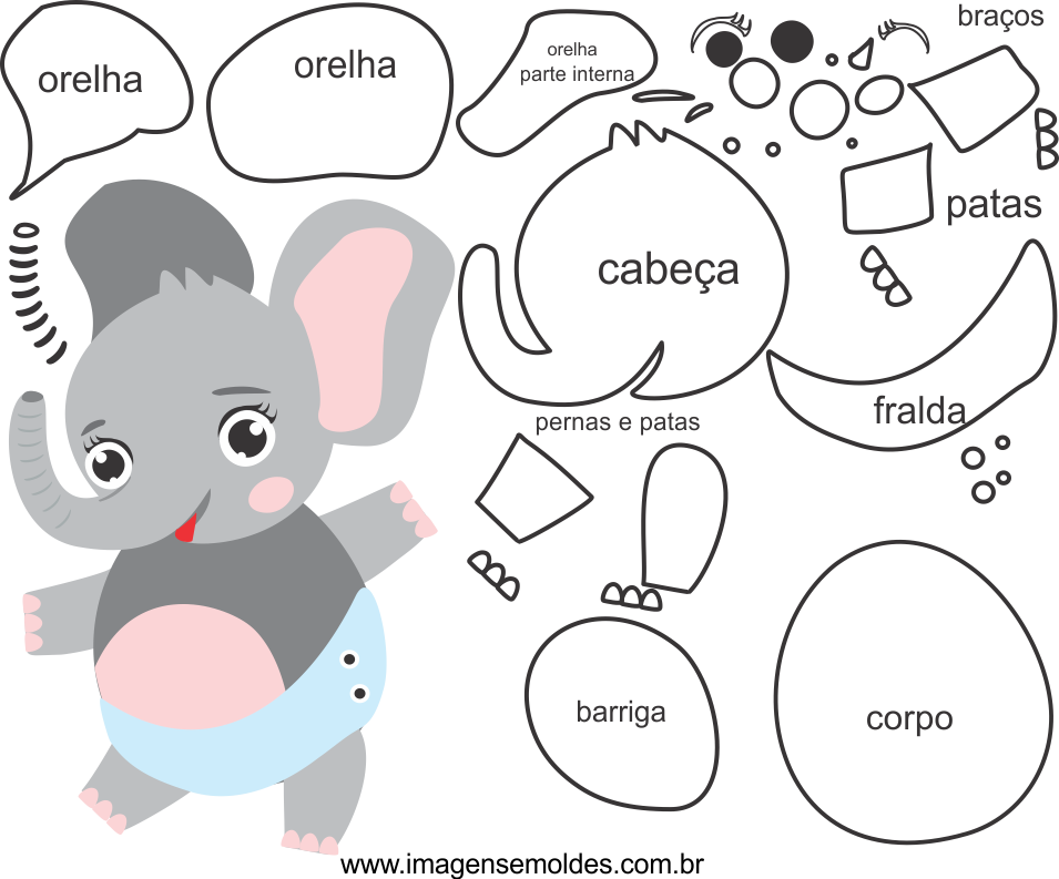 Molde De Elefante Para Eva, Feltro E Artesanato - Molde Dente Elefante (955x793), Png Download