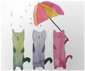 Three Cats In The Rain Watercolor Illustration Poster - Umbrella (400x400), Png Download