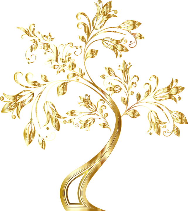 Tree, Decorative, Floral, Flourish, Flowers, Ornamental - Floral Gold Png (642x720), Png Download
