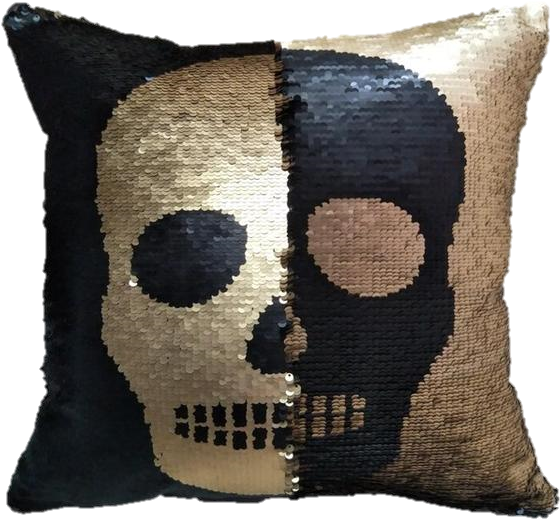 Black And Gold Skull Magic Sequins Throw Pillow Cushion - Pillow (600x562), Png Download