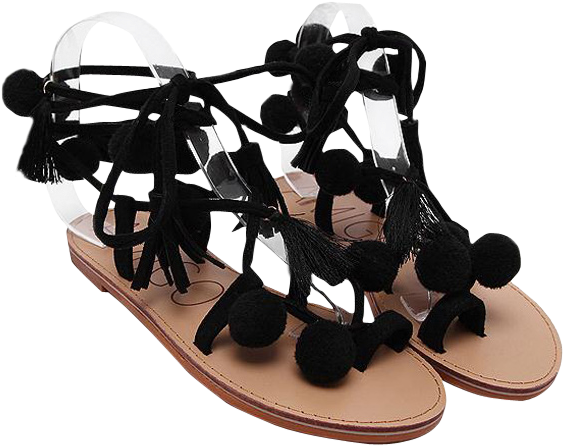 Sexy Zaful Women Black Shoes Lace Up Tassels Pompon - Sandalini Neri Con Pon Pon (600x798), Png Download