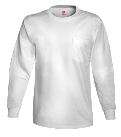 5596 Tagless® Long Sleeve T-shirt With Pocket - White T Shirt With Front Pocket (406x460), Png Download