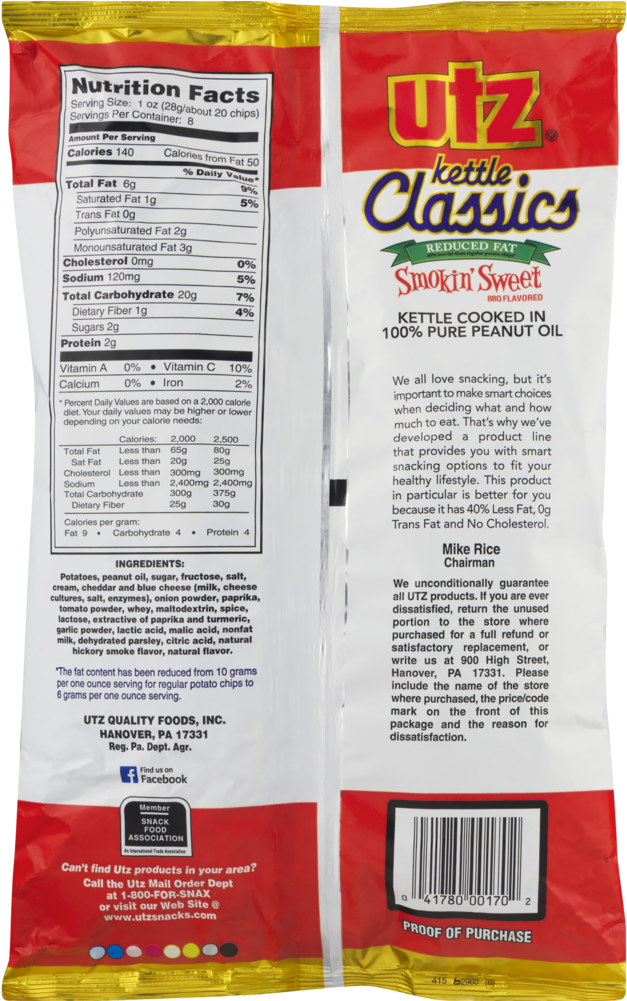 Utz Kettle Classics Potato Chips, Reduced Fat Smokin - Utz Kettle Classics Potato Chips, Smokin' Sweet - 8 (1000x1000), Png Download