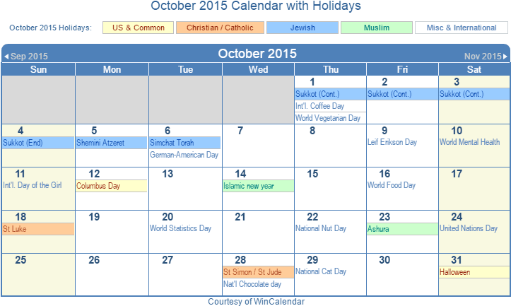 October 2015 Printable Calendar With Us Holidays Including - Holidays In February 2019 (728x444), Png Download