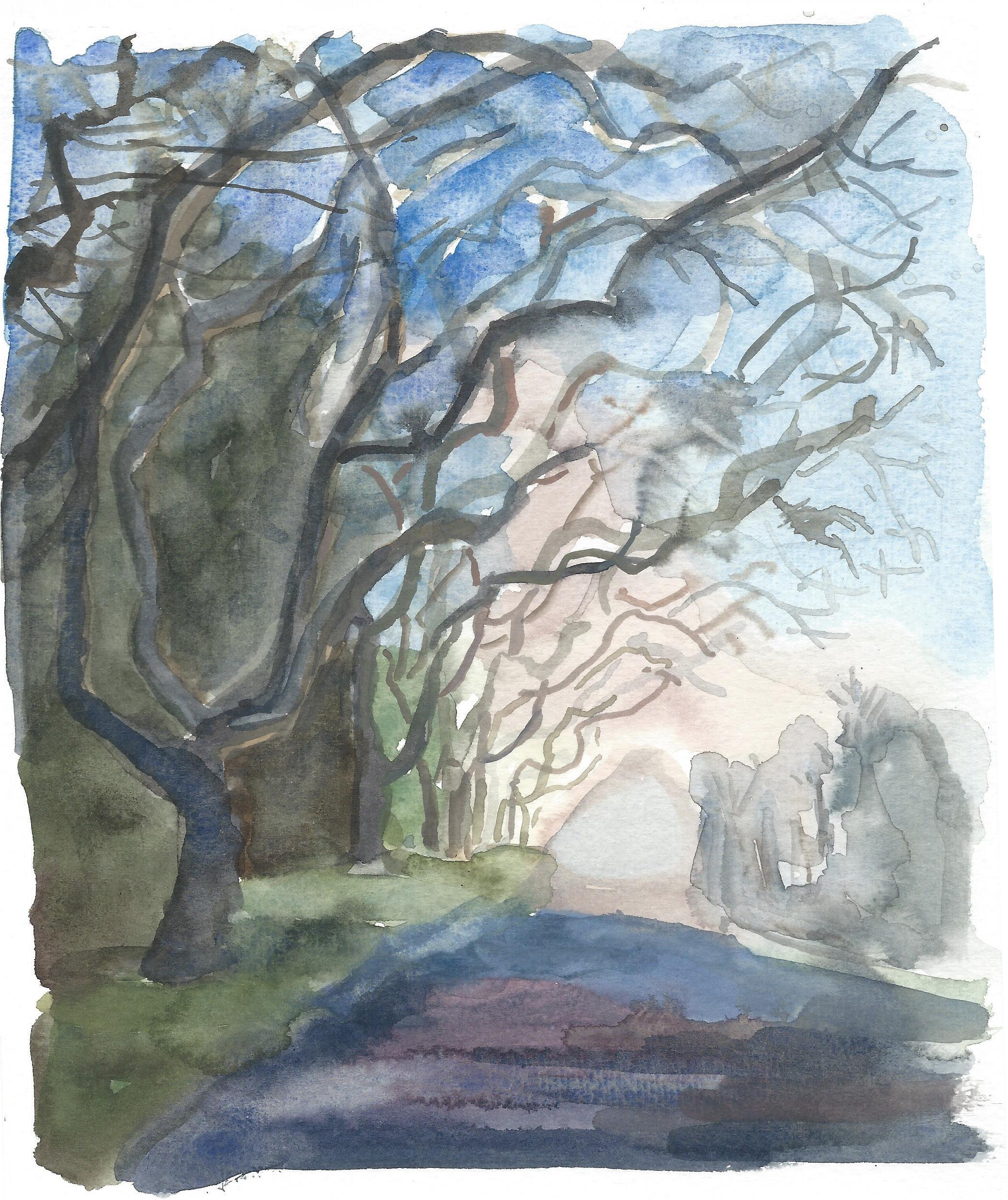Watercolor Painting Of A Tree Lined Street - Watercolor Painting (2339x2786), Png Download