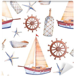 Watercolor Marine Seamless Pattern - Boat (400x400), Png Download