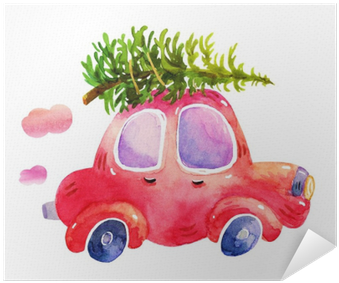 Watercolor Winter Retro Car With Christmas Tree Illustrations - Christmas Tree On Car Drawing (400x400), Png Download
