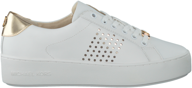 Women's Michael Kors White Gold Poppy Lace Up Lasered - Michael Michael Kors Poppy Perforated-leather Sneaker (640x294), Png Download