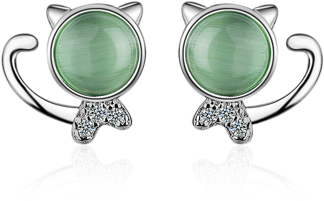 Cute Solid 925 Sterling Silver Green Opal Cat Ear Stud - Earrings (800x800), Png Download