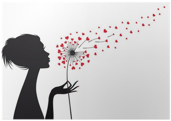 Woman And Dandelion With Red Hearts, Vector Poster - Girl Blowing A Dandelion Tattoo (400x400), Png Download