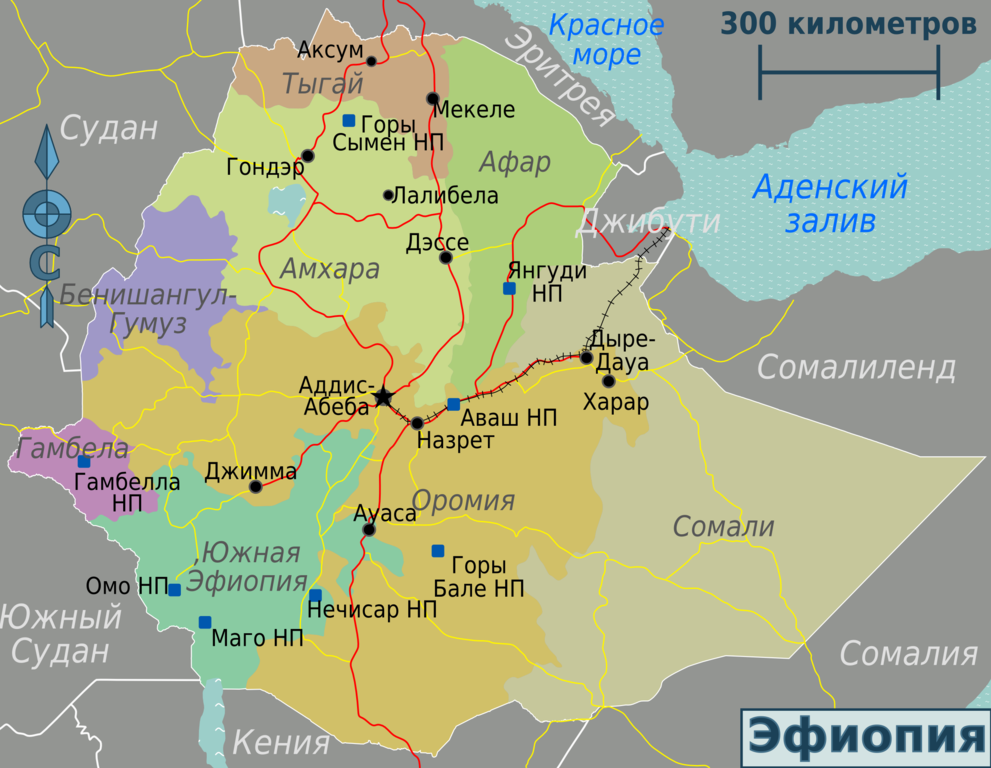 Ethiopia Regions Map - Tourist Map Of Ethiopia (991x768), Png Download