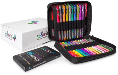 48 Colored Gel Pen Set, 48 Ink Refills, Travel Case - Color It Gel Pens (412x480), Png Download