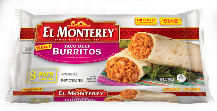 8pk Taco Beef Burritos - El Monterey Taco Burrito (700x361), Png Download